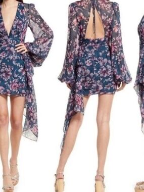 Katie May Teal Floral Deep‑V Open‑Back Mini Dress with Pink Blooms
